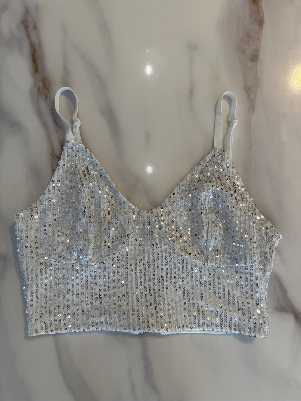 Vimoisa Sequin Cami Crop Bralette Bustier Tank Top Shirt XS x-small White Silver